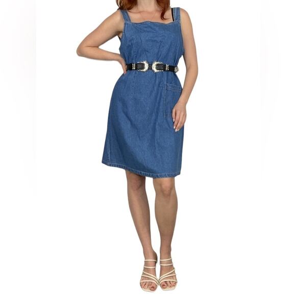 Vintage 90s Large Medium Wash Chambray Cotton Denim Sleeveless Mini Summer Dress - Picture 4 of 8